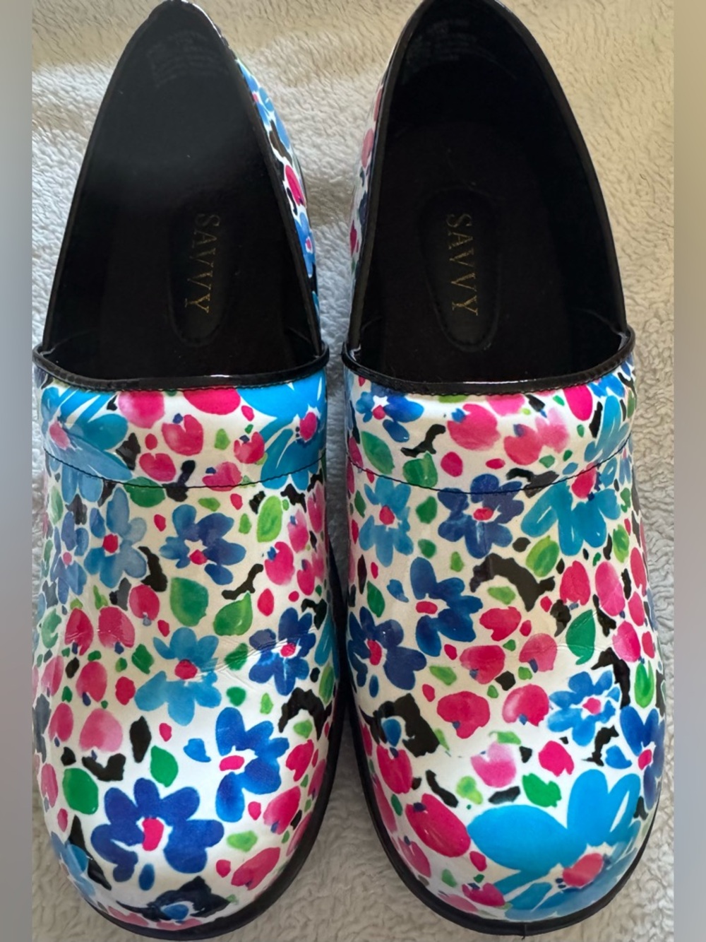Savvy Floral Slip-On Clogs in Blue, Pink & Green